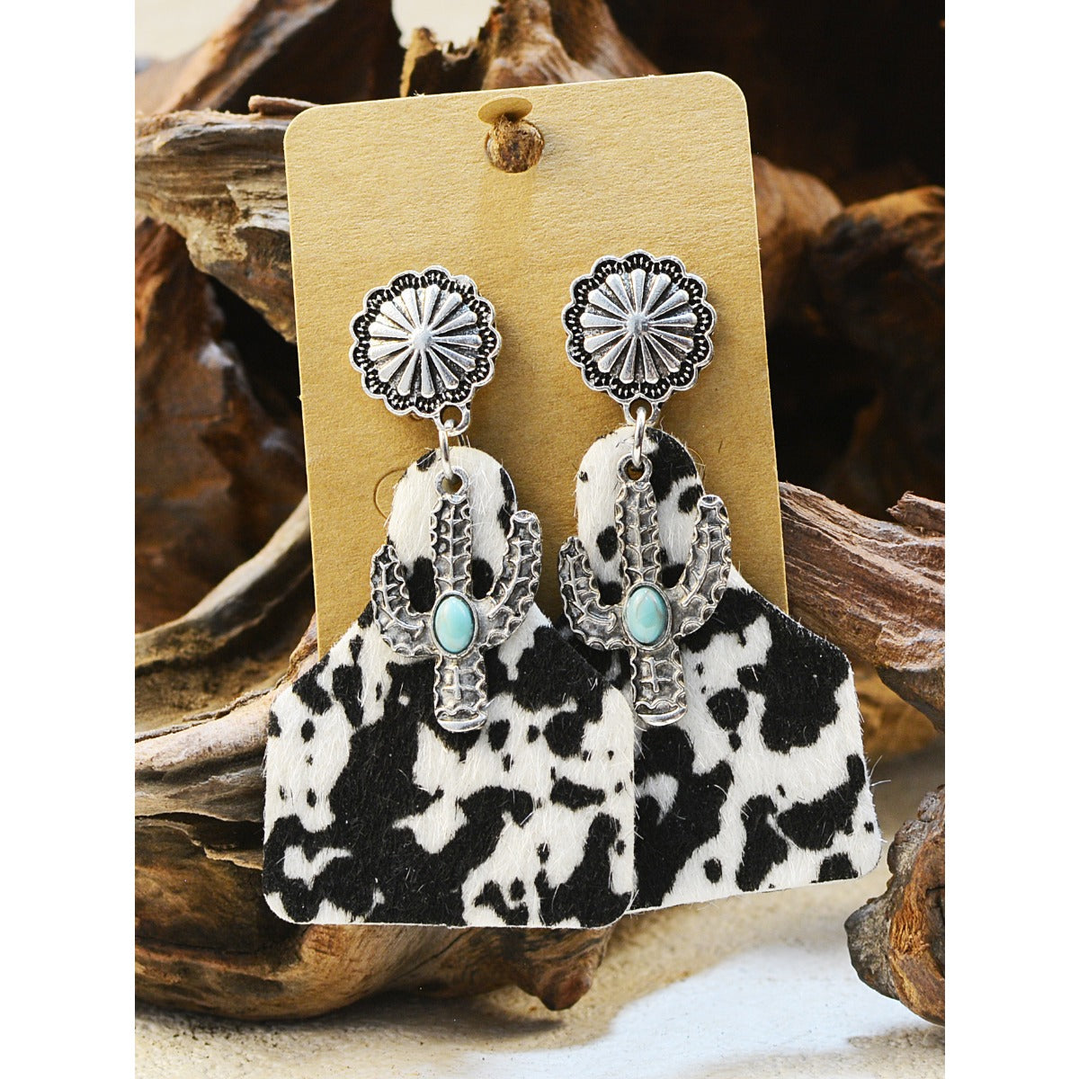Wholesale of Western Wind Cow Pattern Turquoise Alloy Horseshoe Leopard Pattern Cross Leather Earrings